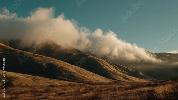 Fototapeta Rolling hills under golden light with clouds floating above