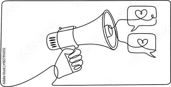 Fototapeta Continuous line art drawing of a hand holding a megaphone, announcing positive news and spreading love, a symbol of communication Vector, illustration