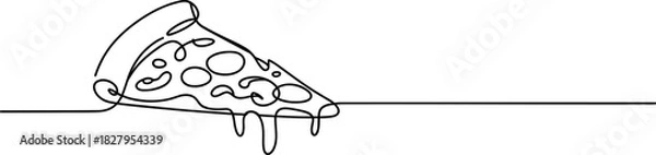 Fototapeta Single continuous line drawing of a delicious pizza slice with melting cheese, an iconic fast food item for restaurants and italian food Vector, illustration