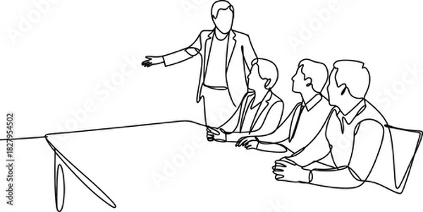 Fototapeta Continuous line drawing of a business meeting or presentation with a speaker addressing an attentive audience seated at a table, discussing ideas. Vector, illustration