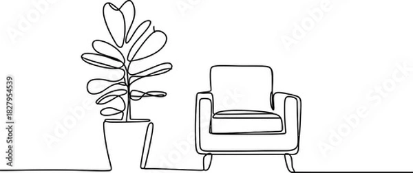 Fototapeta Continuous line drawing of a minimalist armchair and a potted houseplant, simple interior design concept, modern single line art vector illustration Vector, illustration