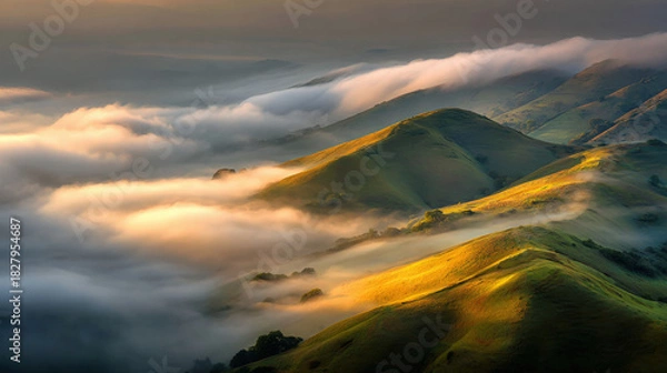 Fototapeta Rolling hills and clouds bathed in golden hour sunlight