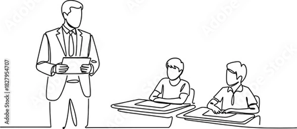Fototapeta Male teacher in suit holding a tablet instructing two diligent young male students at desks in a classroom, continuous line drawing education concept. Vector, illustration