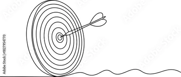 Fototapeta Continuous line drawing of a dart hitting the bullseye on a target board, symbolizing success, goal achievement, accuracy, and precision. Vector, illustration