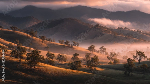 Fototapeta Golden hour landscape with rolling hills and misty clouds
