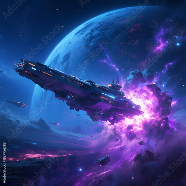 Obraz spaceship flying over the earth