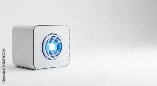 Obraz Visualizing technologies of communication, white cube generates waves, radiating a bright blue light on clean backdrop. Communication technologies create future solutions for modern living,