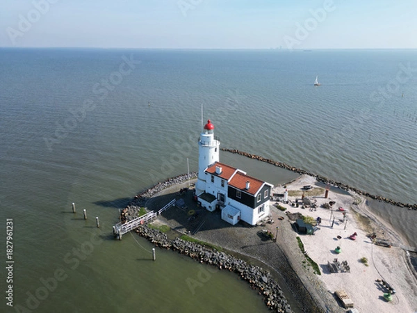 Fototapeta Drone view of the famous Lighthouse of Marken or Paard van Marken, The Netherlands