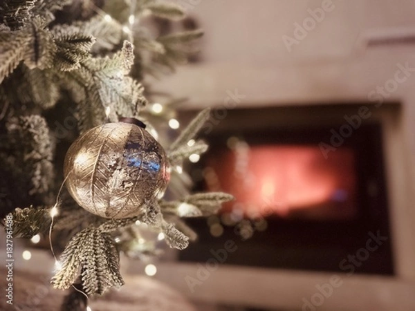 Fototapeta Close-Up of Christmas Ornament on Tree with Glowing Fireplace