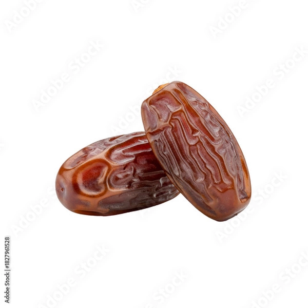 Fototapeta Two dried dates with glossy wrinkled skin and rich brown color isolated on white background for natural sweet snack concepts