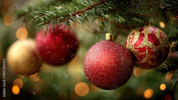 Fototapeta Red and Gold Christmas Baubles Hanging on a Pine Branch