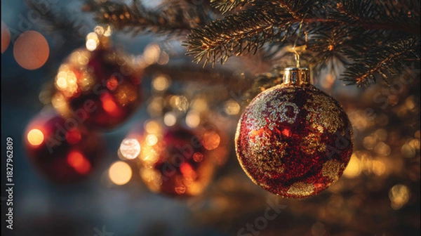 Fototapeta Close up view of red and gold Christmas baubles on pine branch