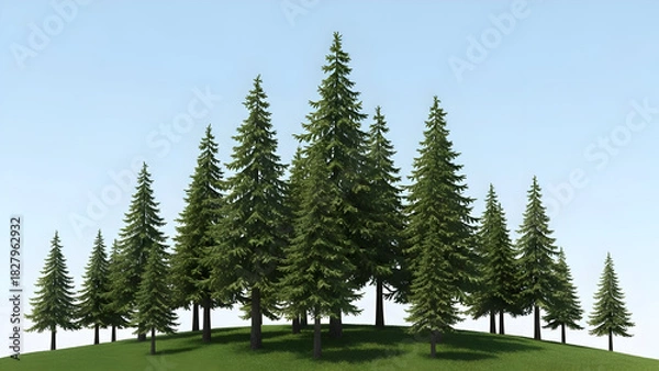 Obraz Group of evergreen trees on a grassy hill isolated against a blue sky a natural landscape scene