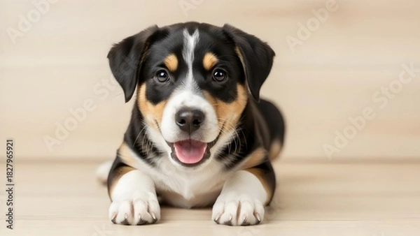 Fototapeta Cute black and tan puppy with bright expressive eyes, soft fur, friendly portrait against smooth studio background