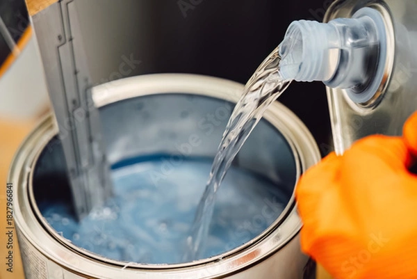 Obraz Careful mixing and measuring of automotive paint in a can for precise color matching. Chemistry and technical preparation for high quality body repair and professional painting service maintenance.