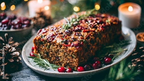 Fototapeta A beautifully presented holiday nut roast loaf, richly flavored with cranberries and rosemary, garnished with fresh herbs and served on a rustic table with Christmas candles and bokeh lights.
