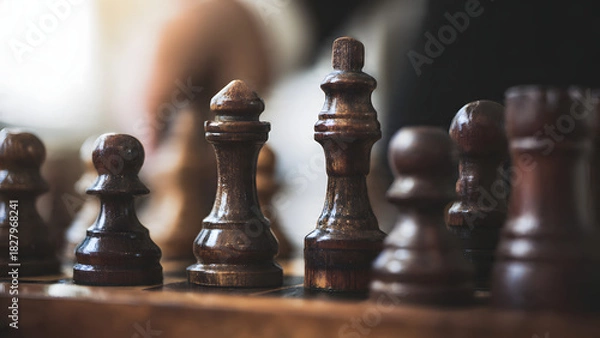 Fototapeta Close-up of dark vintage wooden chess pieces, highlighting the king and queen, symbolizing strategic planning, power, mental focus, and intellectual challenge in a classic game setting.