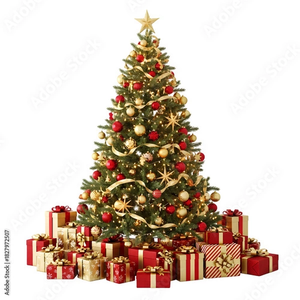 Fototapeta A Christmas tree decorated with golden and red ornaments, surrounded by presents, isolated on a transparent or white background. PNG

