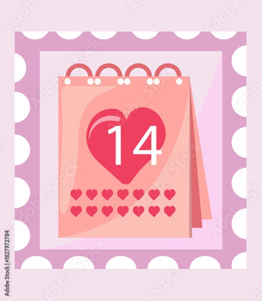 Fototapeta A cute pink calendar illustration featuring a heart symbol and the date 14, representing Valentine’s Day. Romantic and minimal flat-style design suitable for love-themed projects