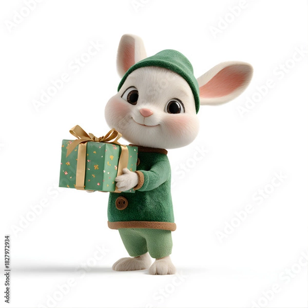 Obraz Cute 3D Christmas Bunny Character Dressed as an Elf Holding a Wrapped Gift Box 