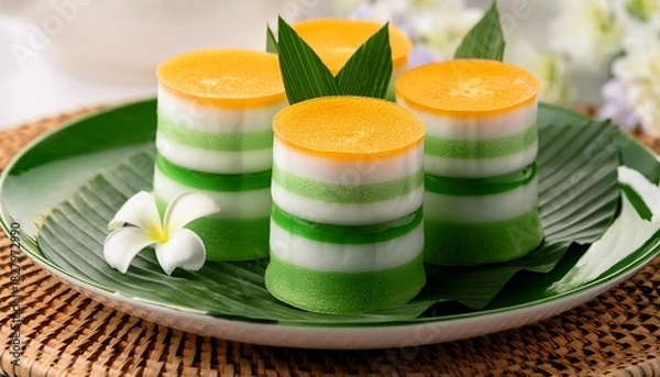 Obraz Thai Khanom Chan Layered Dessert In Green And White With Floral Garnish
