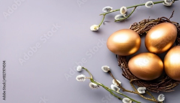 Obraz Easter Eggs Gold On Background With Decorative Sprigs Easter Background Postcard
