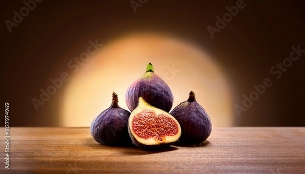 Obraz Ripe Figs Cut And Whole Lying In Group On Wooden Table On Soft Brown Background With Round Light Gradient Spot Artistic Dark Food Photo With Copy Space