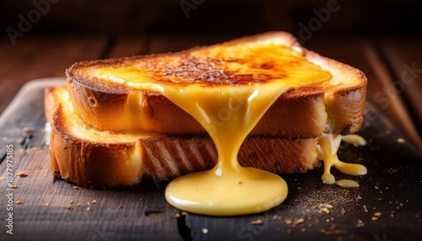 Obraz Creamy Cheese Toast With Melted Cheese Dripping Over Toasted Bread Creating Deliciously Indulgent Snack Perfect For Cheese Lovers