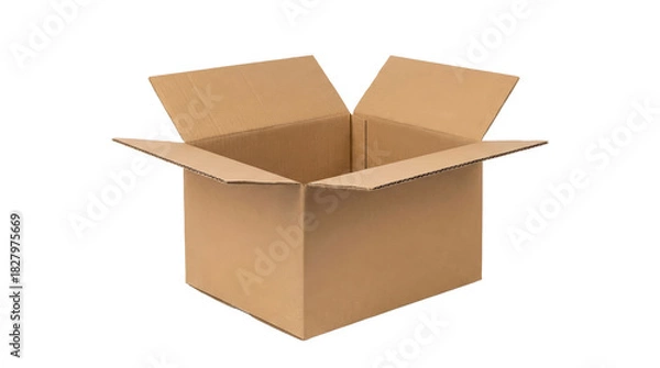 Fototapeta A simple cardboard box with flaps open, ready for storage or shipping.
