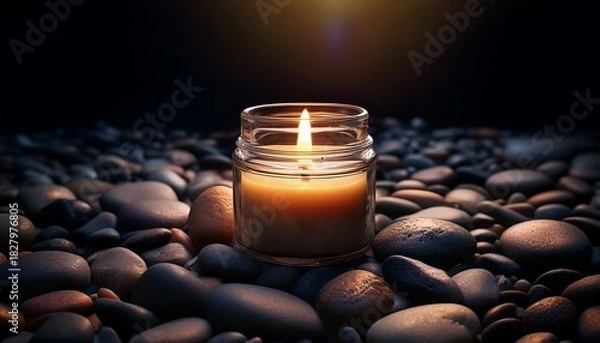 Obraz Candle In A Glass Jar On A Bed Of Dark Stones