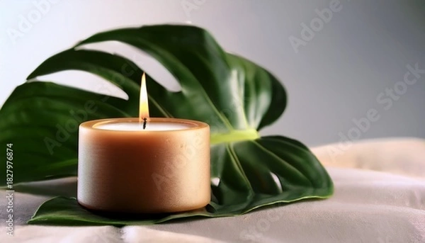 Obraz Burning Wax Candle And Monstera Leaf