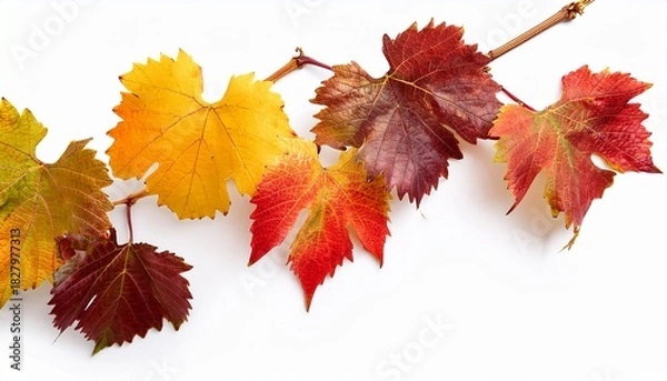 Obraz Isolated Grape Autumn Yellow And Red Leaves On Wild Vine Branch On White Background