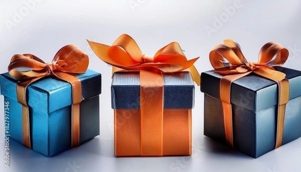 Obraz Three Colorful Gift Boxes With Orange Ribbon Bows Isolate Present Birthday Celebration Holiday Surprise