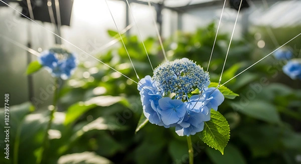 Fototapeta Close up of blue hydrangea flower supported by strings in a greenhouse environment with lush foliage ai generated