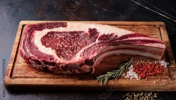 Obraz Dry Aged Marble Beef Steak Tomahawk On Wooden Board With Spices Close Up Juicy Delicious Ribeye Or Tomahawk Steak