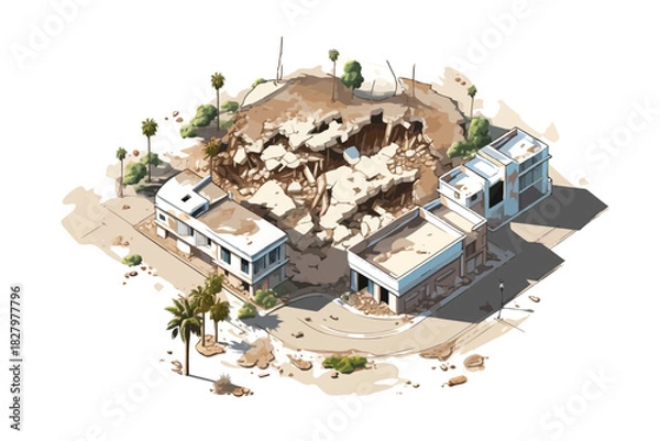 Obraz top view aerial shot of destroyed city isolated vector style with transparent background illustration