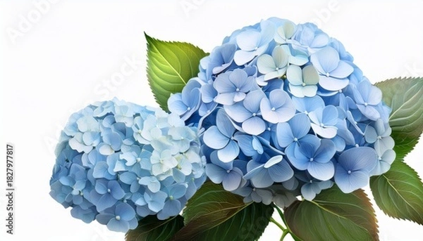Obraz Light Blue Hydrangea Flowers With Green Leaves On Transparent Background