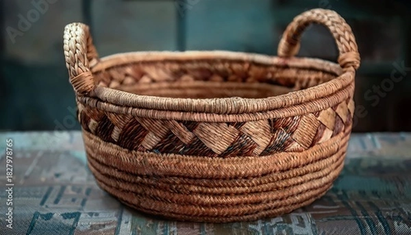 Obraz Decorative Woven Basket With Tribal Patterns In Earthy Colors