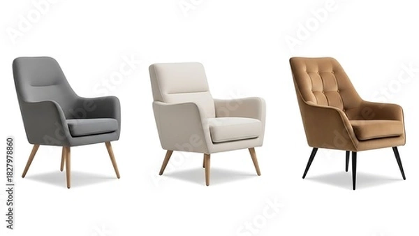 Fototapeta Collection of modern upholstered armchairs isolated on white background