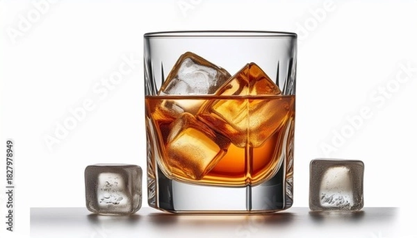 Obraz Elegant Glass Of Whiskey With Ice Cubes Isolated On White Background With Clipping Path