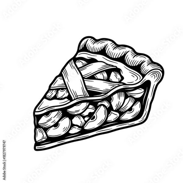 Fototapeta Slice of apple pie with crust and baked apples in black and white  