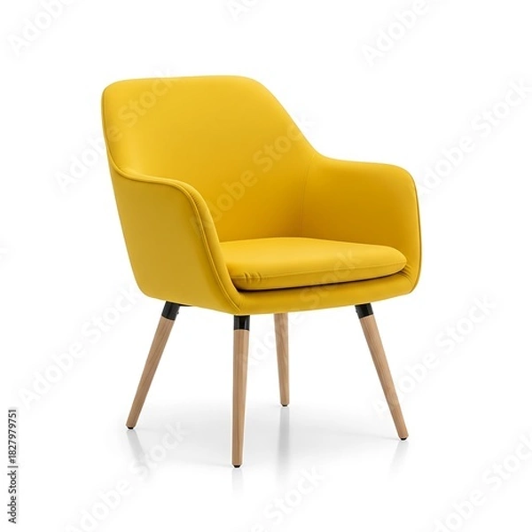 Fototapeta Yellow modern armchair with wooden legs isolated on white background
