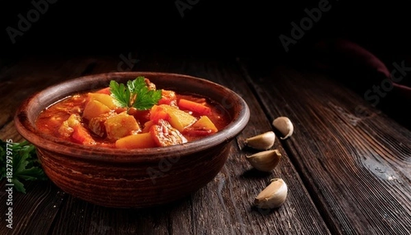 Obraz Hungarian Lecso Rustic Close Up With Dark Wooden Background