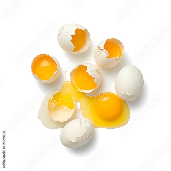 Obraz Broken chicken eggs with yolk are isolated on a white background, highlighting them as an ingredient for breakfast.