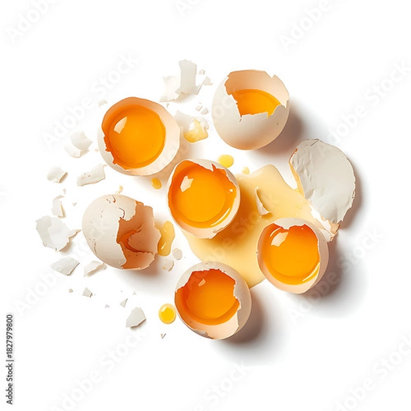 Fototapeta Broken chicken eggs with yolk are isolated on a white background, highlighting them as an ingredient for breakfast.