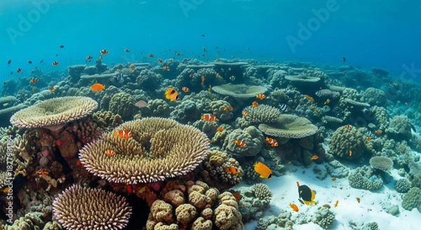Fototapeta Underwater view of a vibrant coral reef teeming with colorful fish in clear blue tropical waters ai generated
