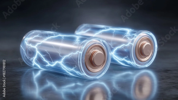 Fototapeta Futuristic 3D neon illustration of three glowing lithium-ion batteries on a dark reflective surface, bright electric-blue outline light, smooth neon edges, one battery lying horizo