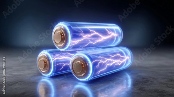 Obraz Futuristic 3D neon illustration of three glowing lithium-ion batteries on a dark reflective surface, bright electric-blue outline light, smooth neon edges, one battery lying horizo