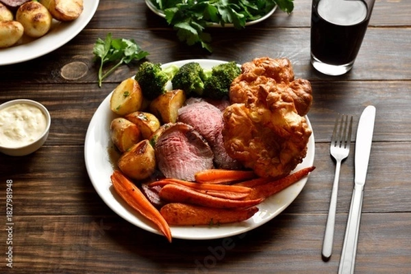 Obraz Sunday Roast with roasted beef, carrots, crispy potato, broccoli