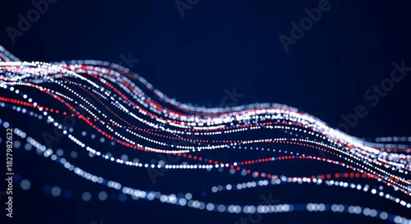 Obraz Abstract Digital Wave of Red and White Glowing Dots on Dark Blue Background for Technology